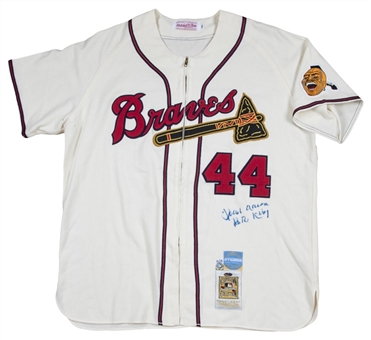 Hank Aaron Autographed and Inscribed "H.R King" Atlanta Braves Mitchell & Ness Commemorative Cooperstown Jersey (Steiner & MLB Authenticated)